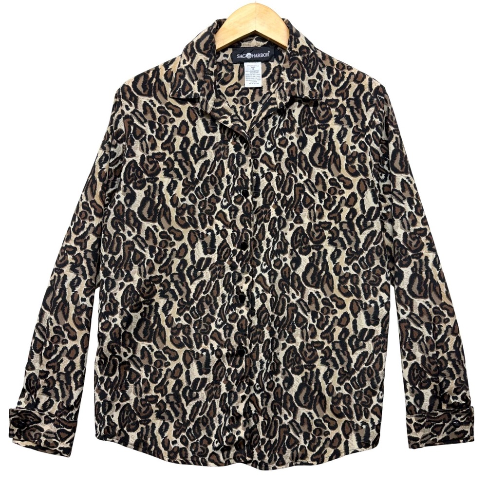 Vintage Leopard Print Blouse French Cuffs Brown Animal Print Top 8 Retro Neutral
